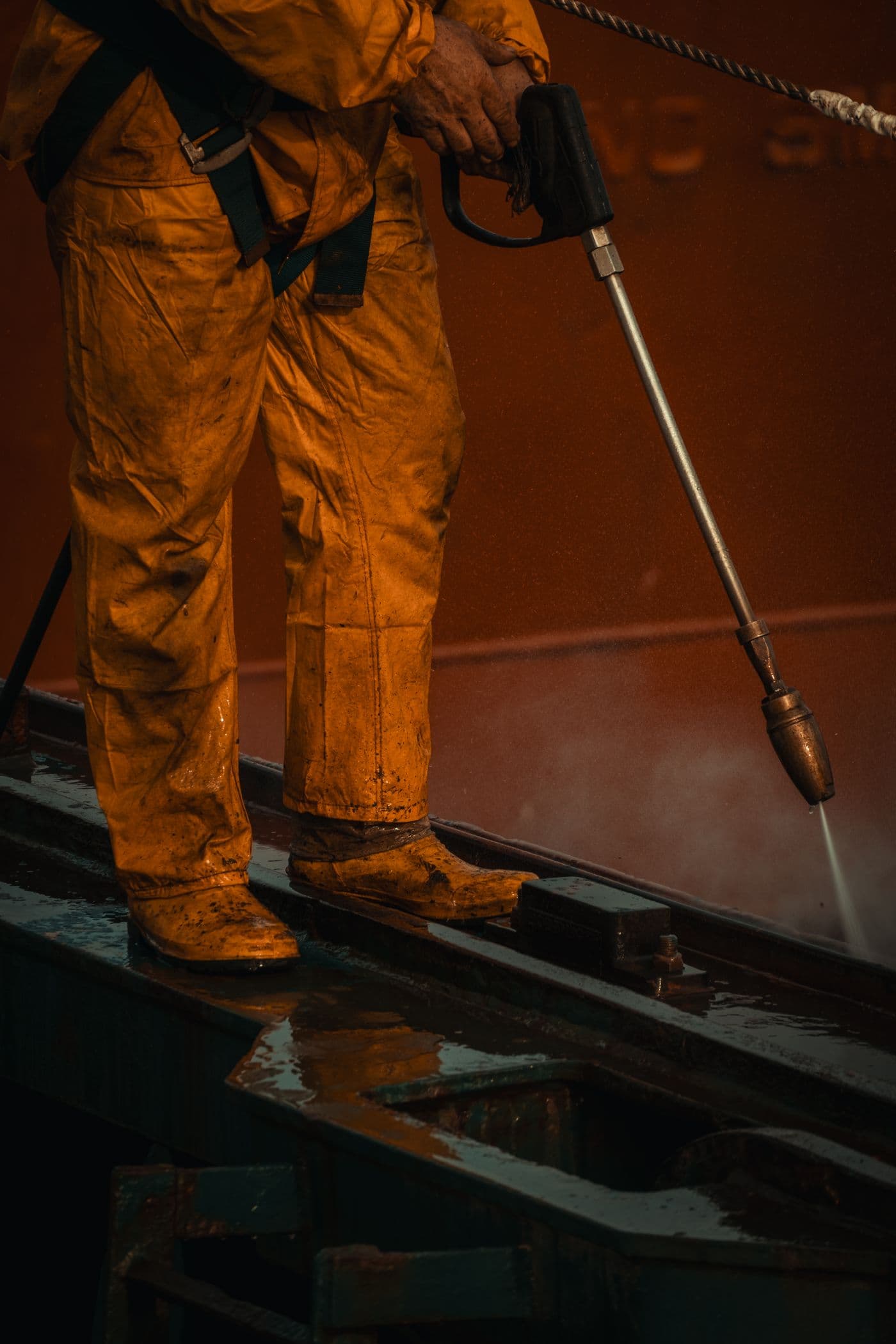 Arbeiter in Schutzkleidung reinigt eine große Industrieanlage mit einem Hochdruckreiniger